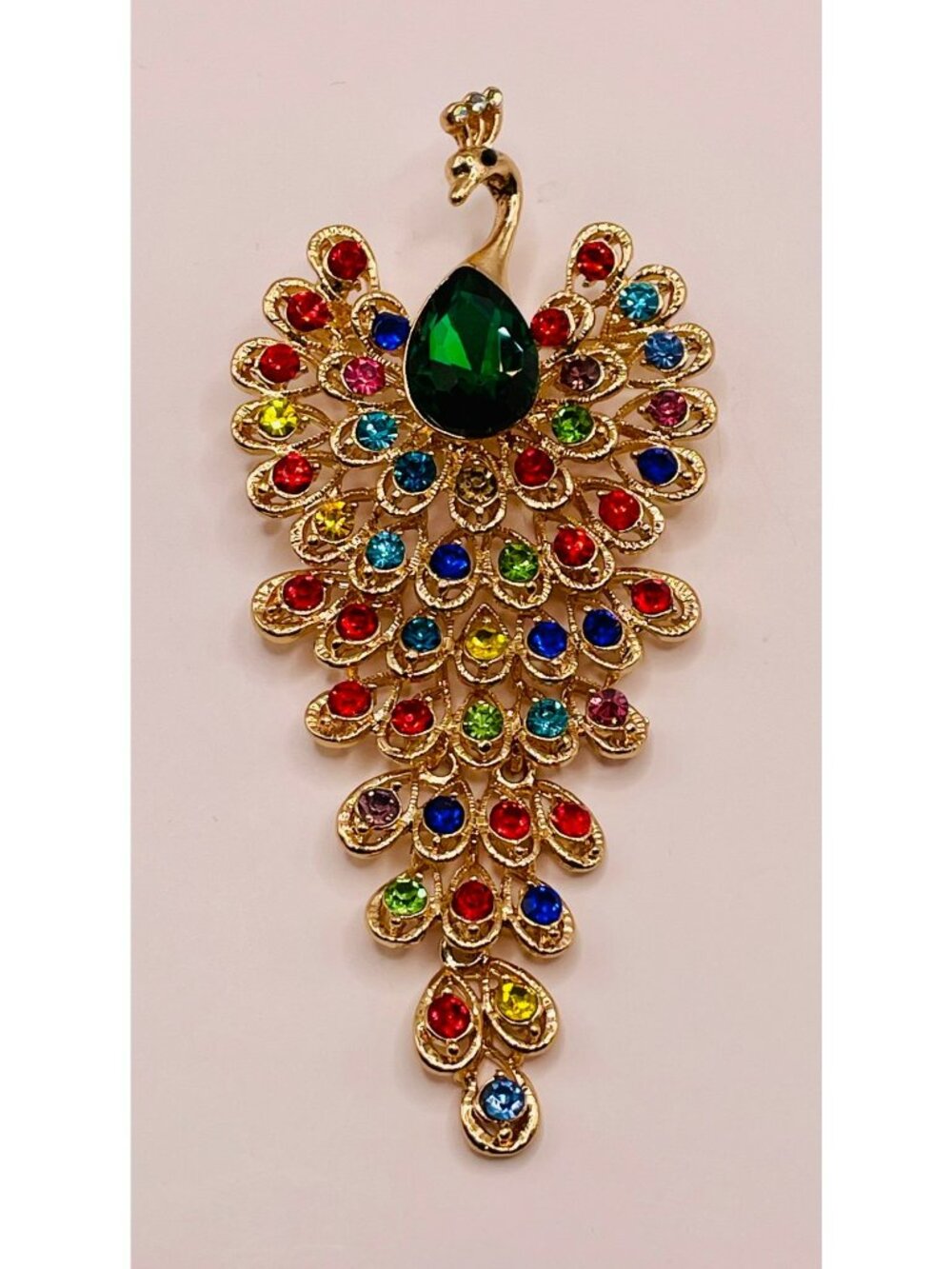 Peacock Brooch Multicolor Rhinestones Green Gemstone Accent Gold-Tone -68B